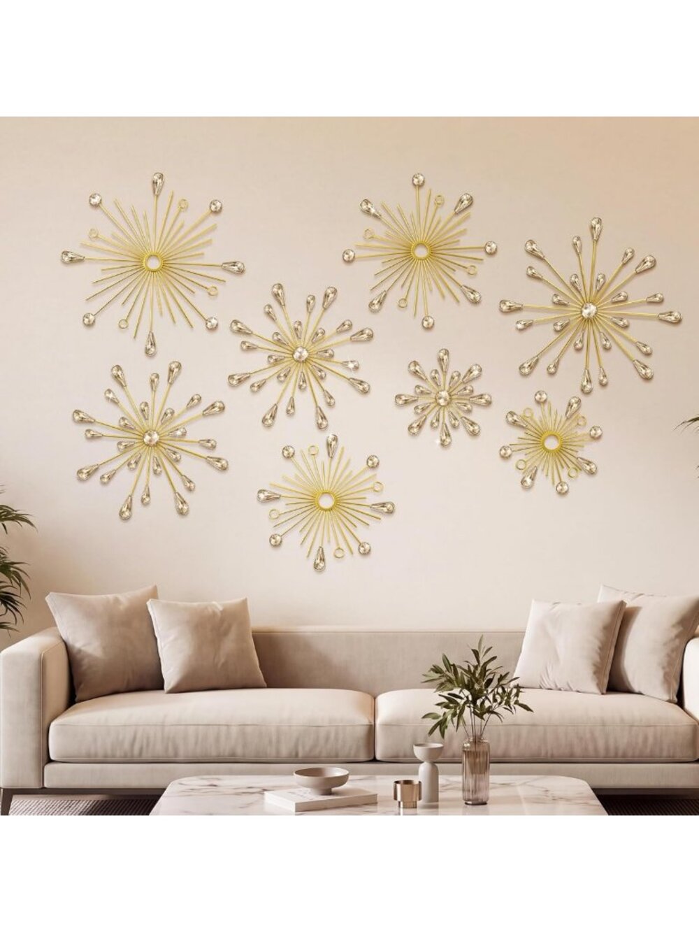 8 Pcs Gold Starburst Wall Art - 3D Metal Decor with Crystal Accents for Home